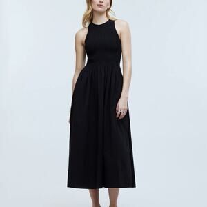 Madewell Dress Womens XS The Melody Smocked Midi Black Sleeveless Crinkled